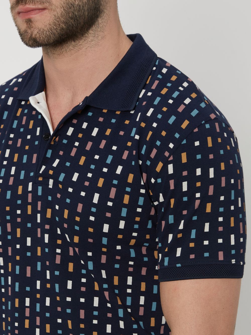 Navy & Multi Geometric Print Knnitted Pique Polo T-Shirt