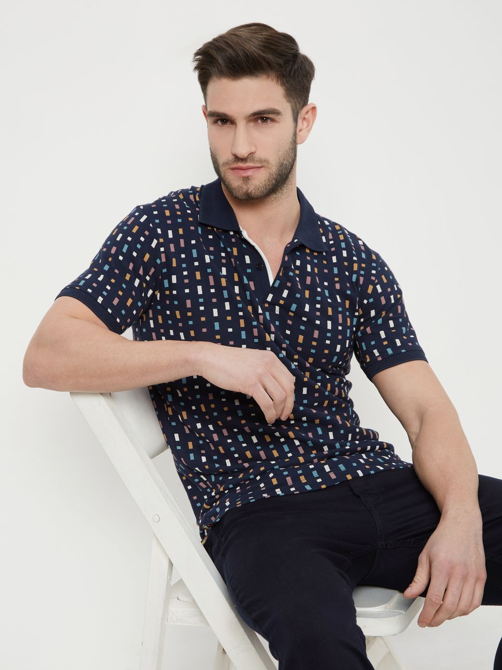 Navy & Multi Geometric Print Knnitted Pique Polo T-Shirt