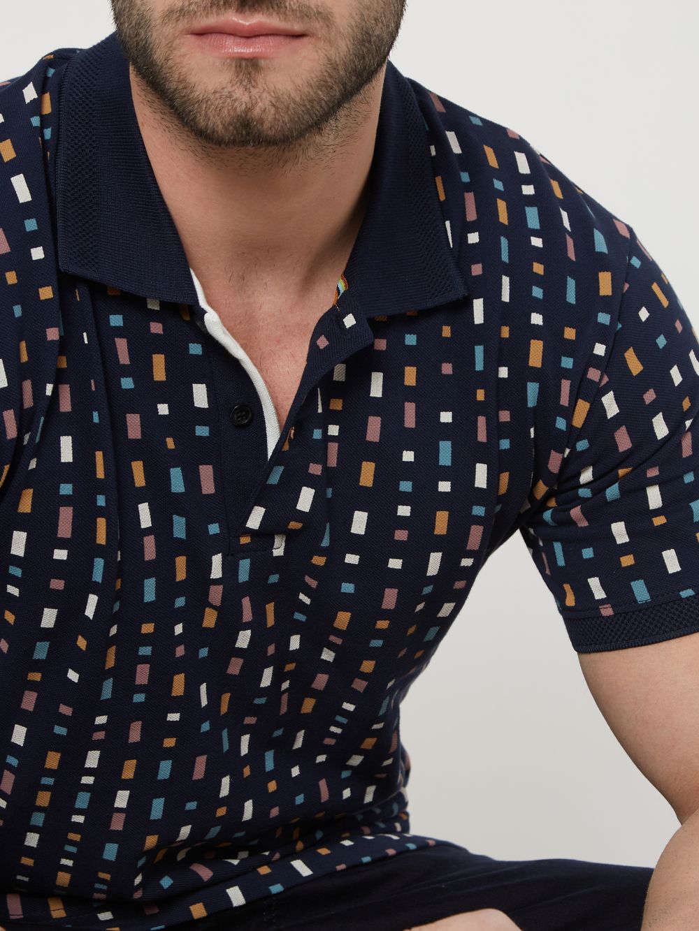 Navy & Multi Geometric Print Knnitted Pique Polo T-Shirt