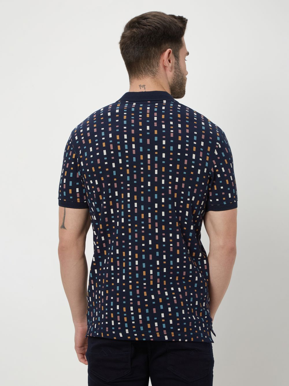 Navy & Multi Geometric Print Knnitted Pique Polo T-Shirt