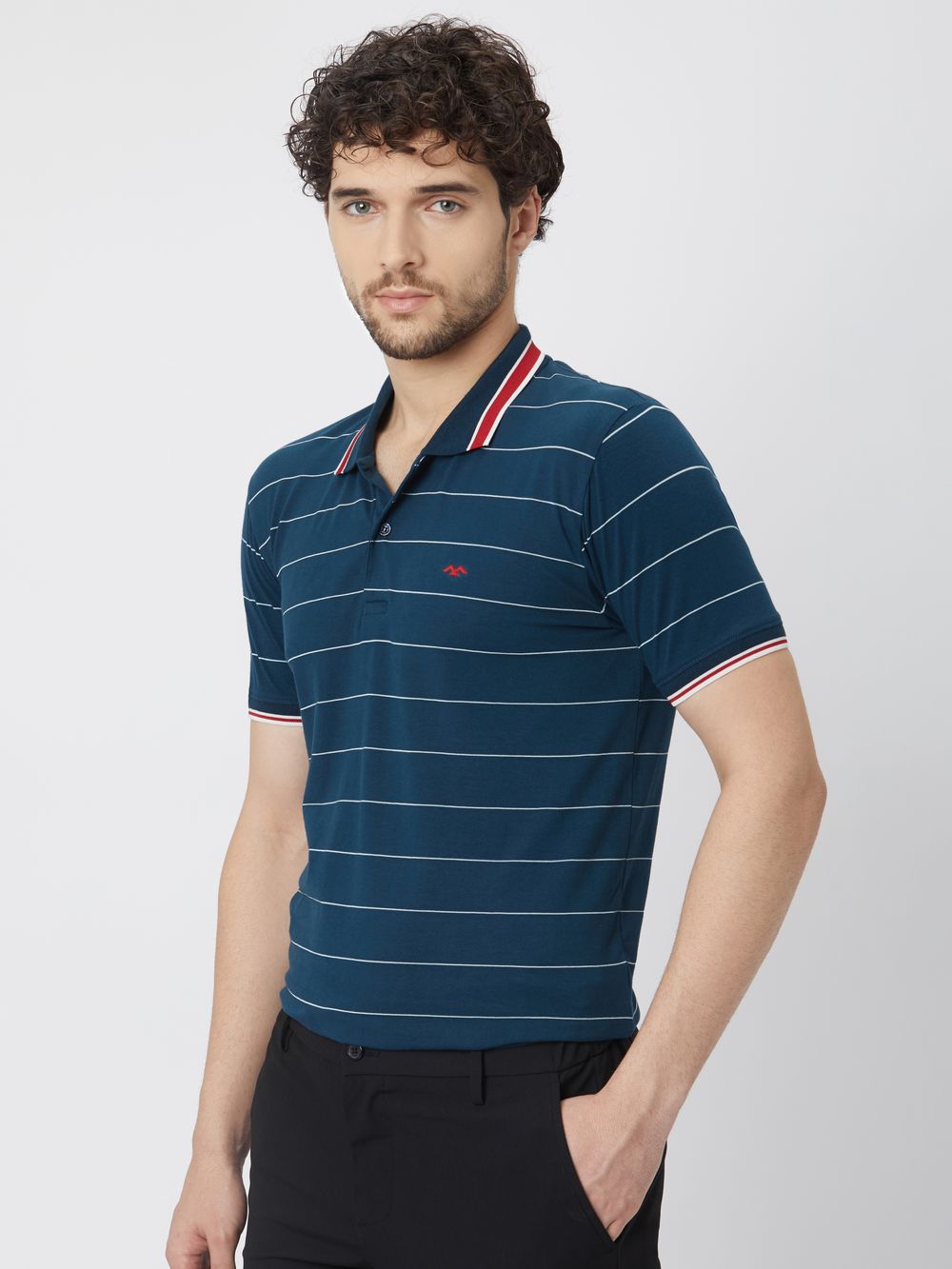 Teal & White Stretch Stripe Jersey Polo T-Shirt