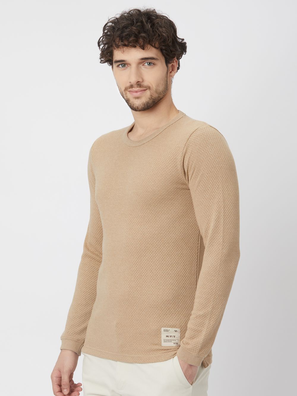 Beige Textured Plain Popcorn T-Shirt