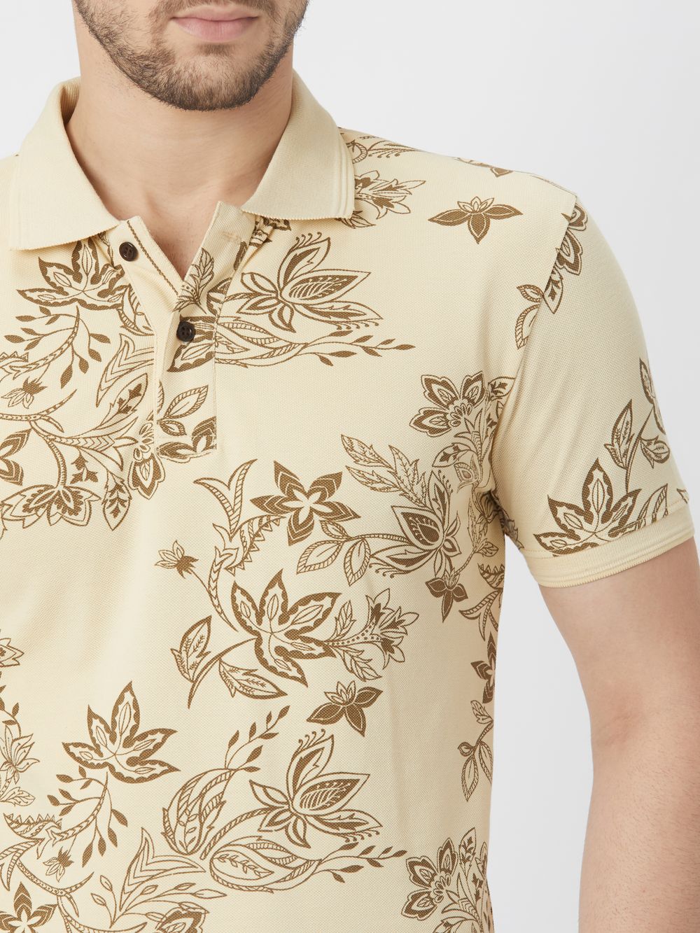 Beige & Brown Floral Print Pique Polo T-Shirt