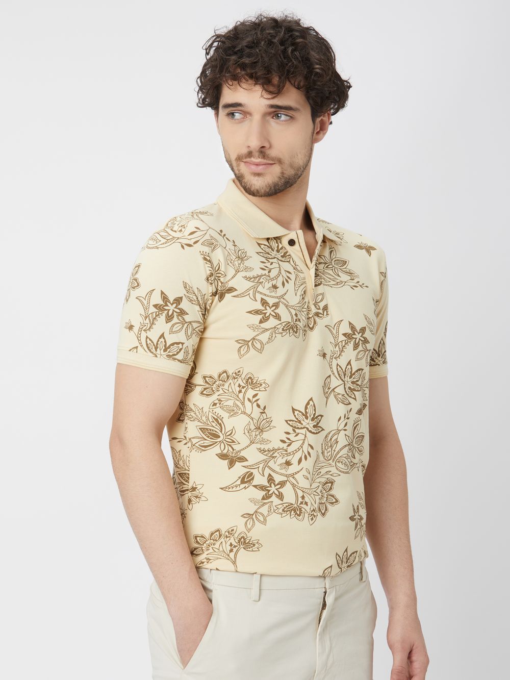 Beige & Brown Floral Print Pique Polo T-Shirt