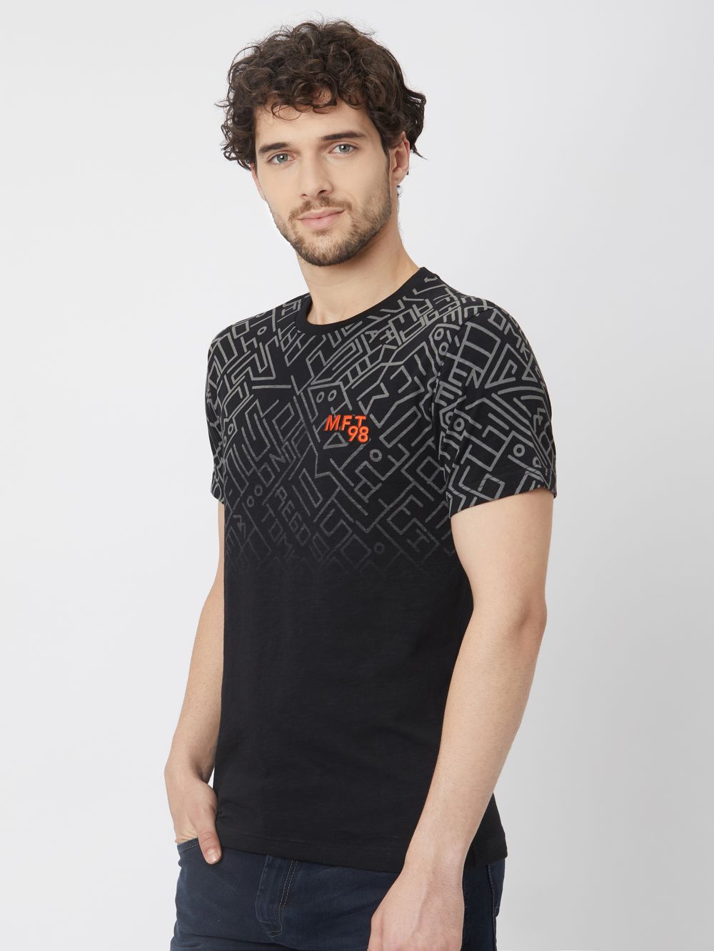 Black Geometric Print Slub Jersey Graphic Tee