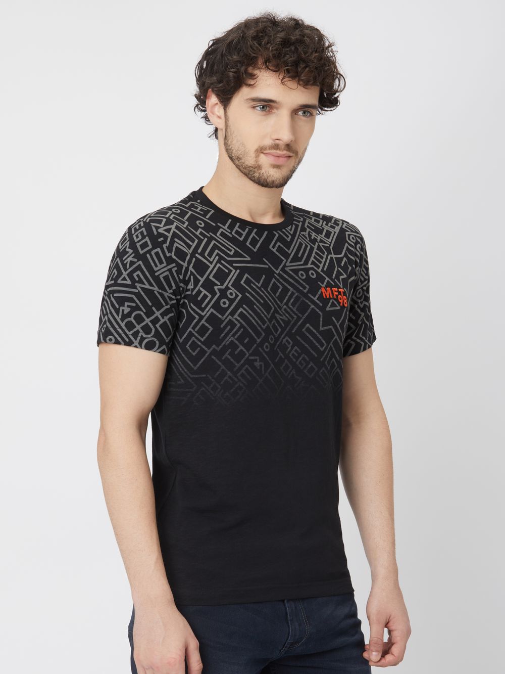 Black Geometric Print Slub Jersey Graphic Tee