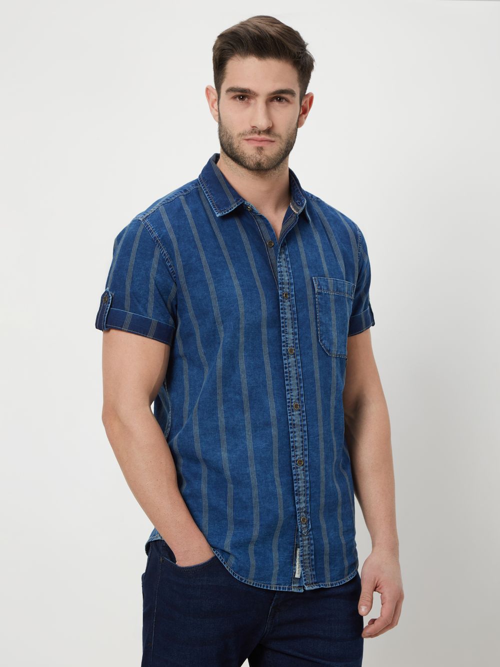 Indigo Blue & Off White Denim Stripe Shirt