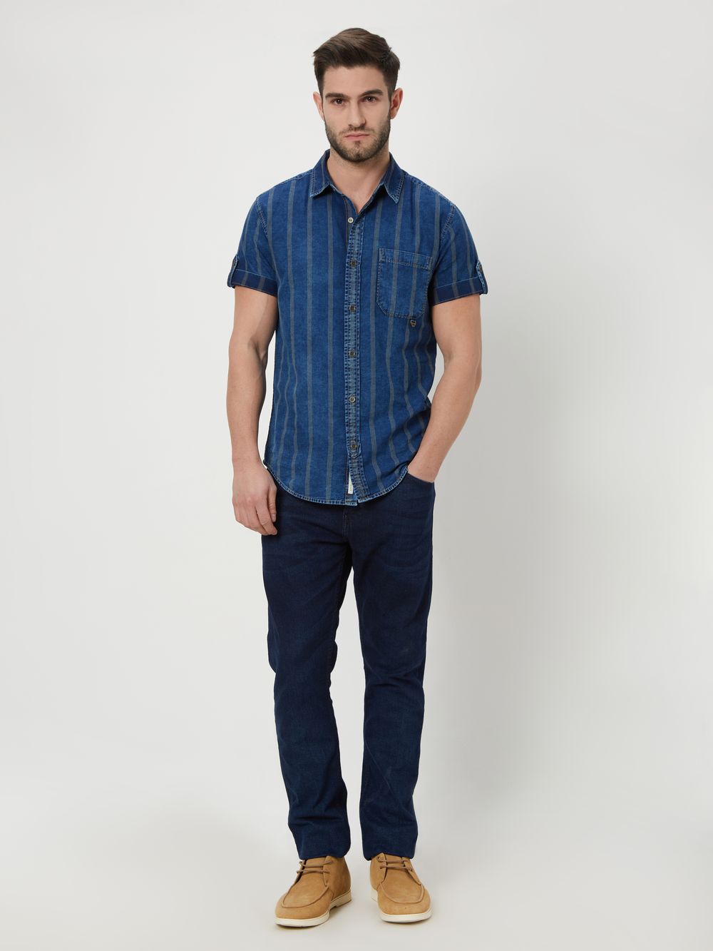 Indigo Blue & Off White Denim Stripe Shirt