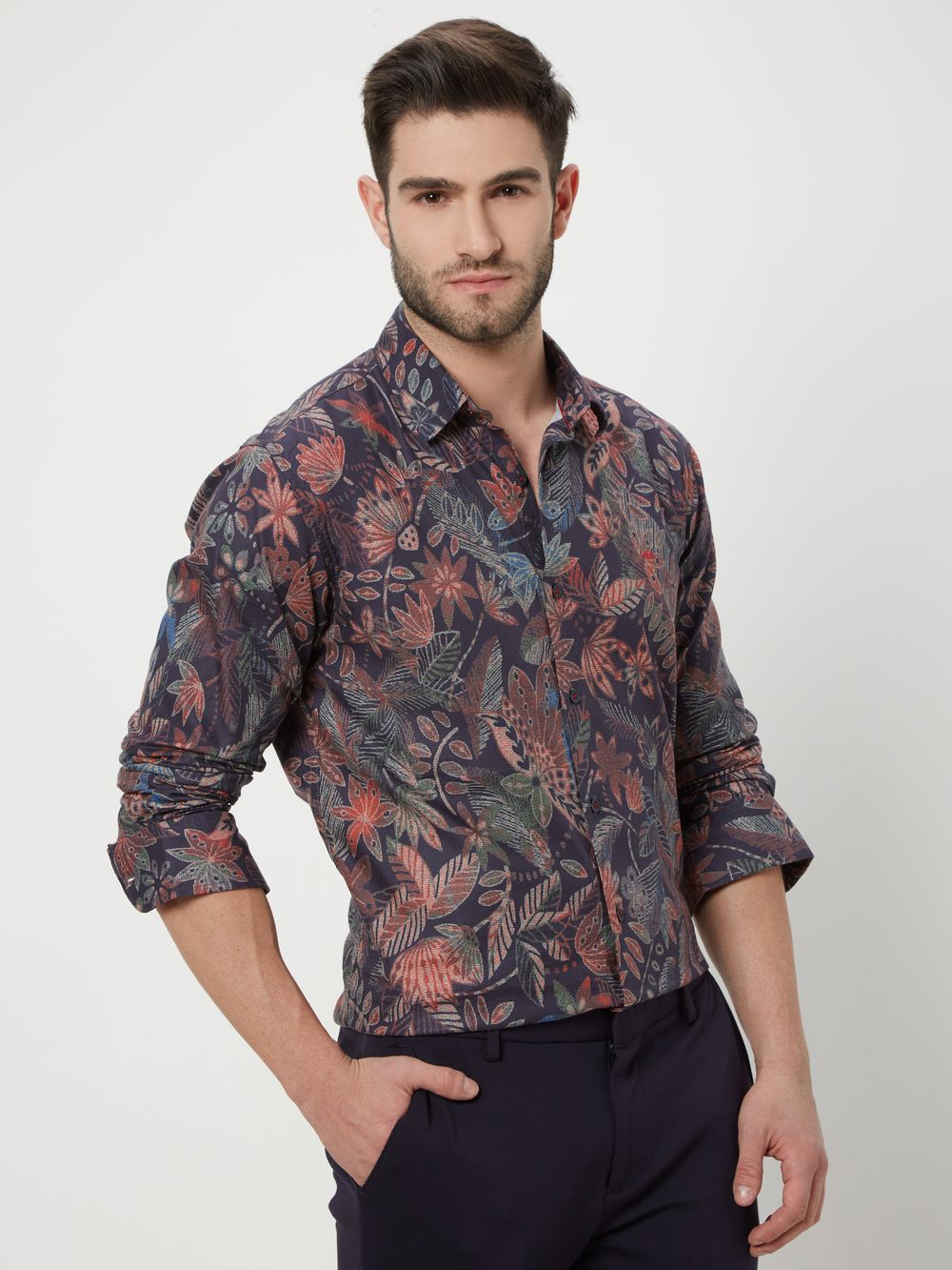 Navy & Multi Floral Print Shirt