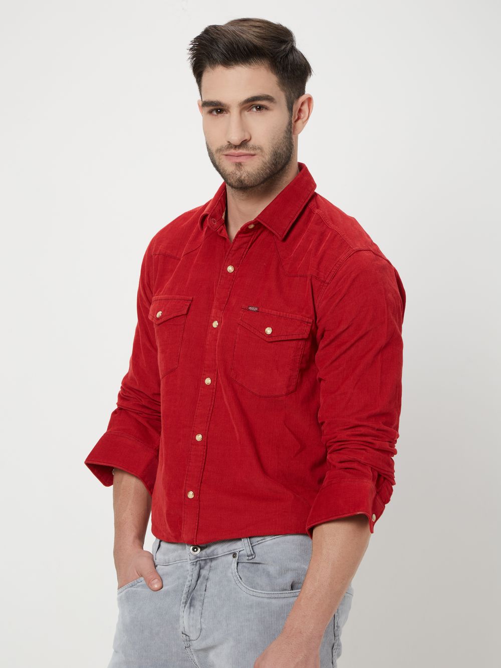 Red Textured Plain Corduroy Shirt