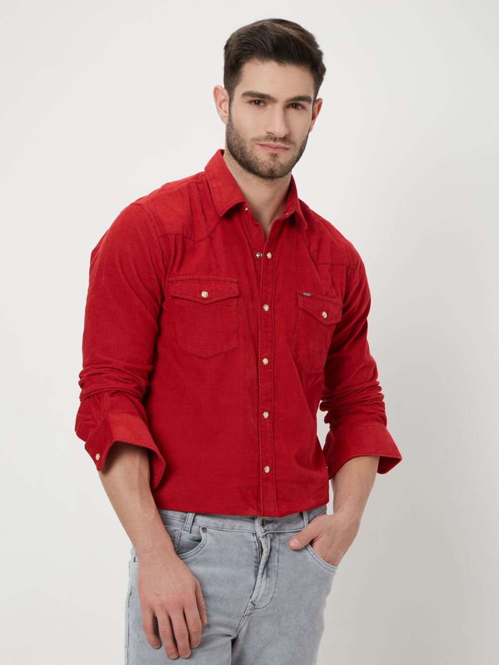 Red Textured Plain Corduroy Shirt