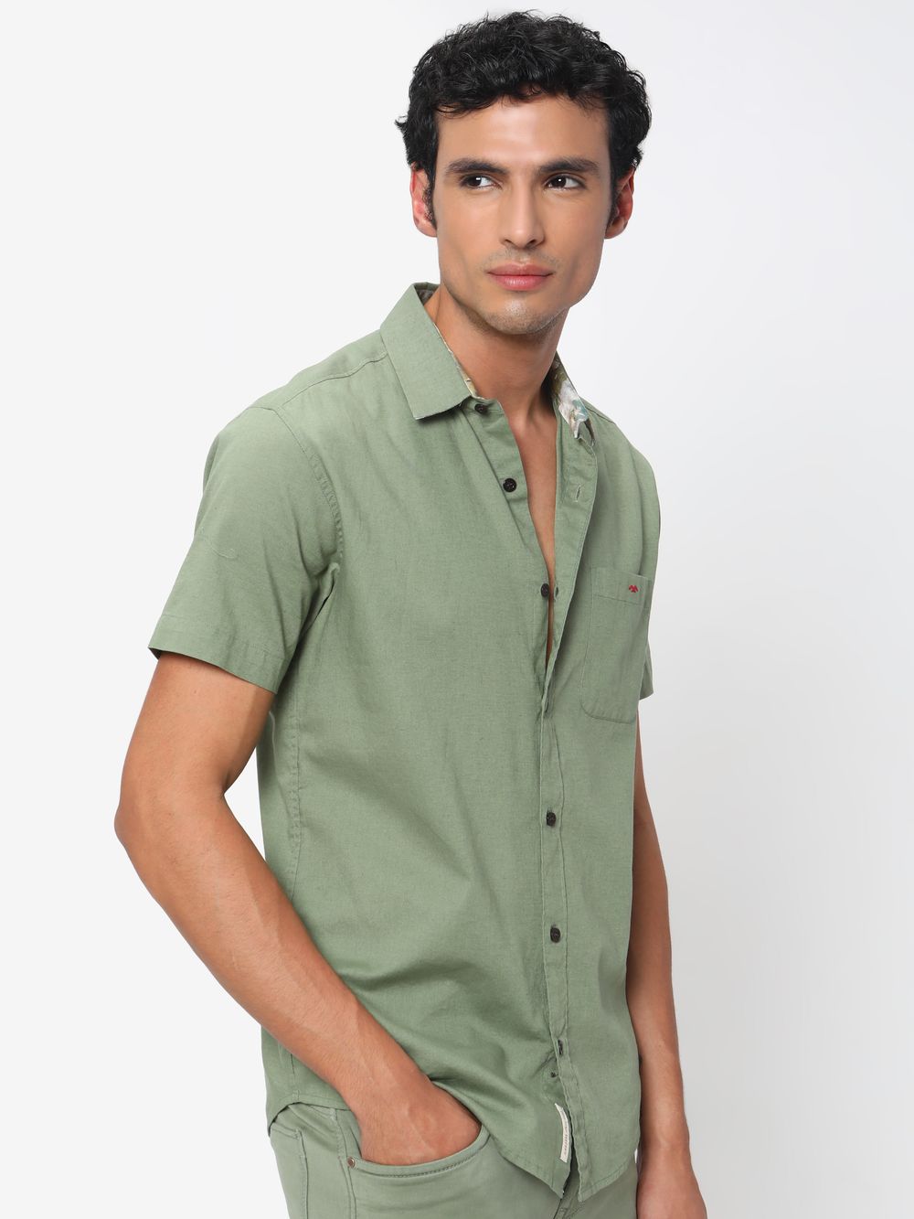Light Olive Cotton Linen Plain Shirt 