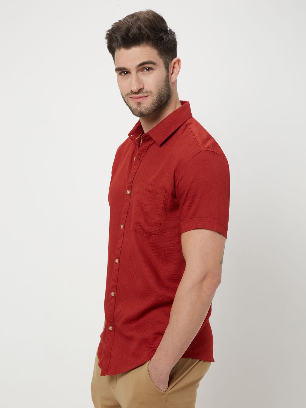 Red Textured Plain Dobby Shirt