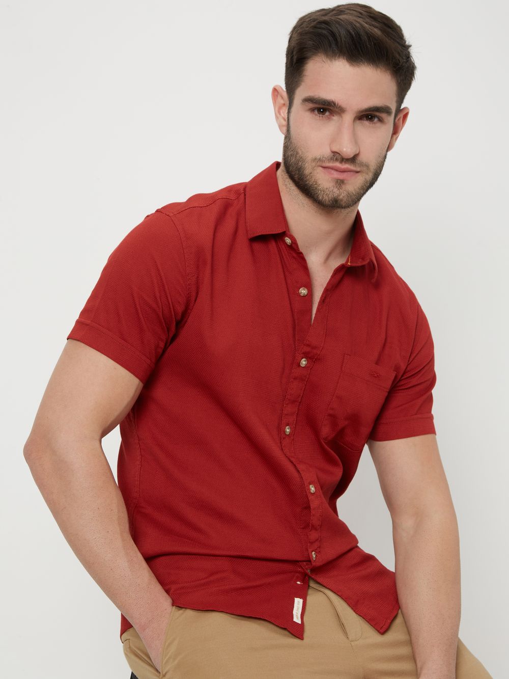 Red Textured Plain Dobby Shirt