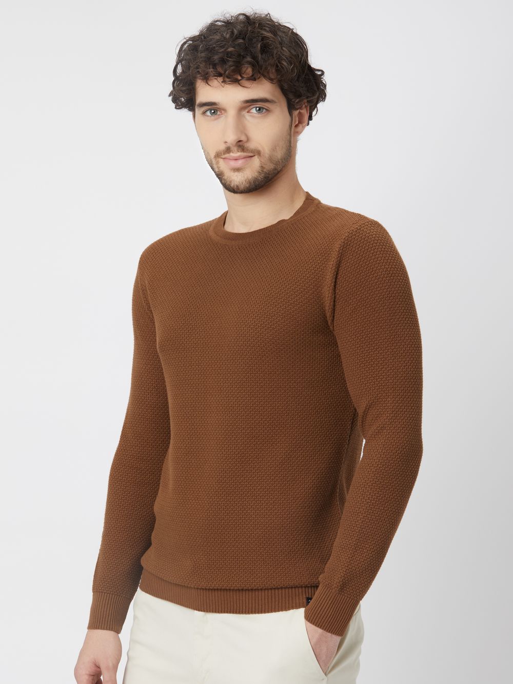 Brown Textured Slim Fit Sweater