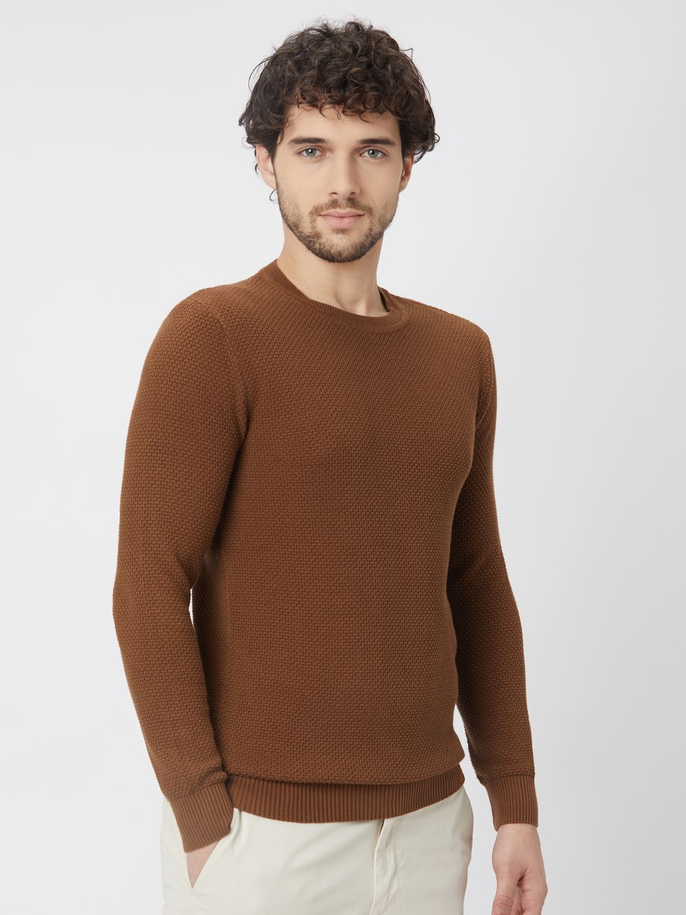 Brown Textured Slim Fit Sweater