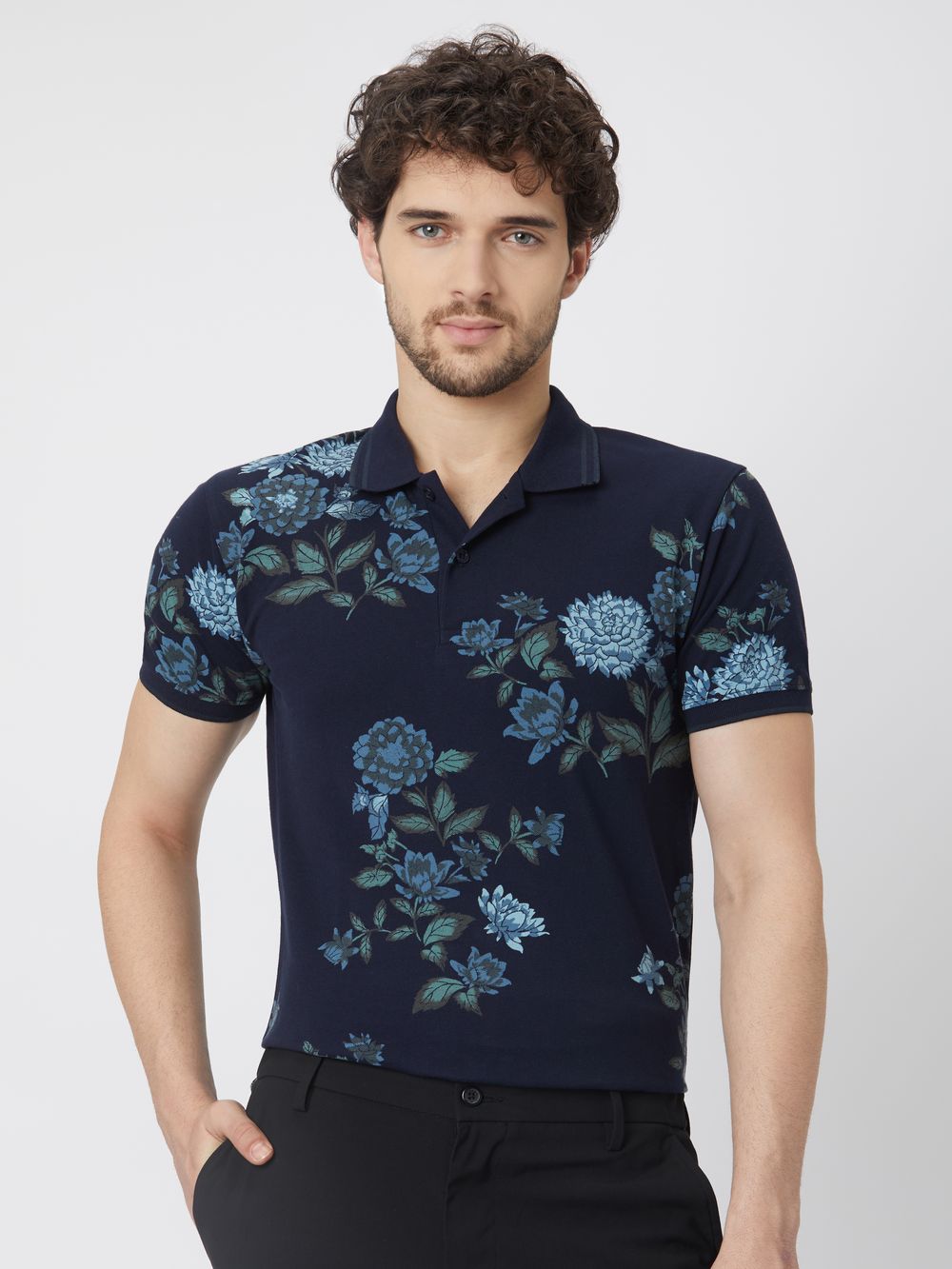 Navy & Blue Floral Print Pique Polo T-Shirt