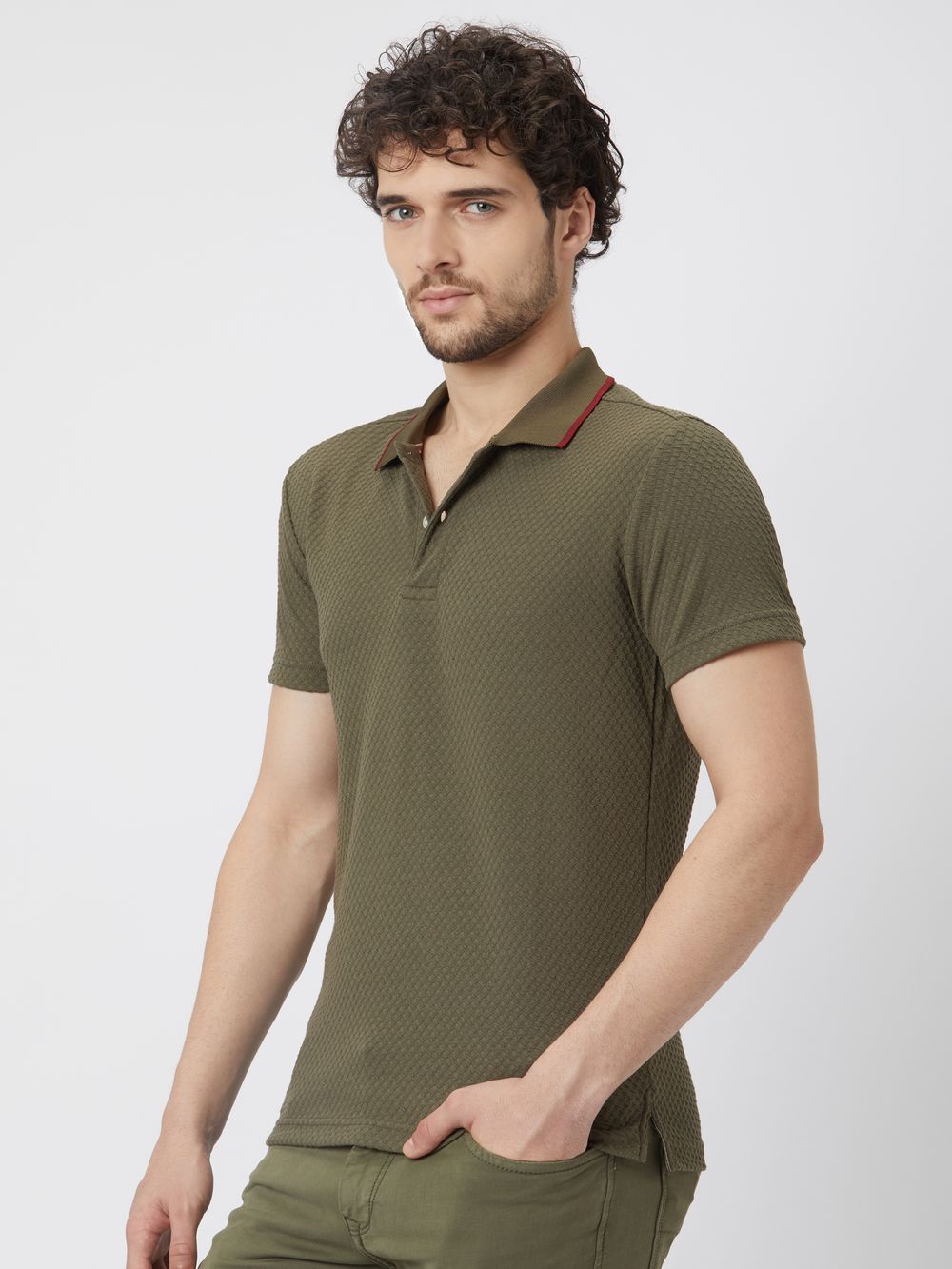 Olive Textured Plain Polo T-Shirt