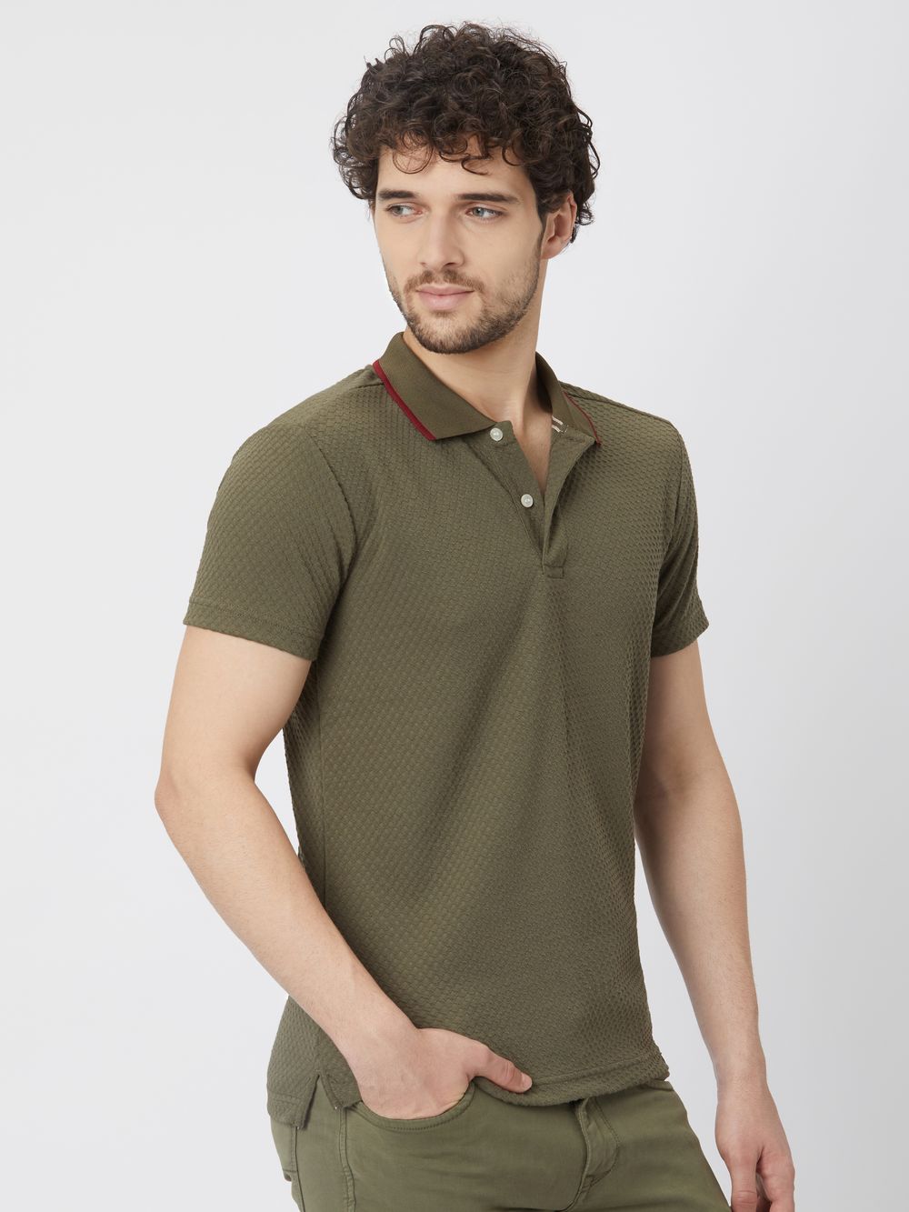 Olive Textured Plain Polo T-Shirt