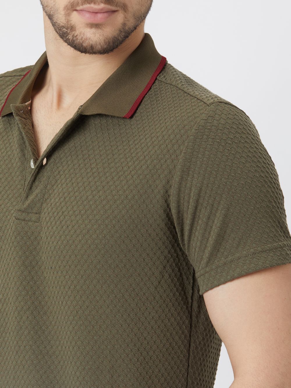 Olive Textured Plain Polo T-Shirt