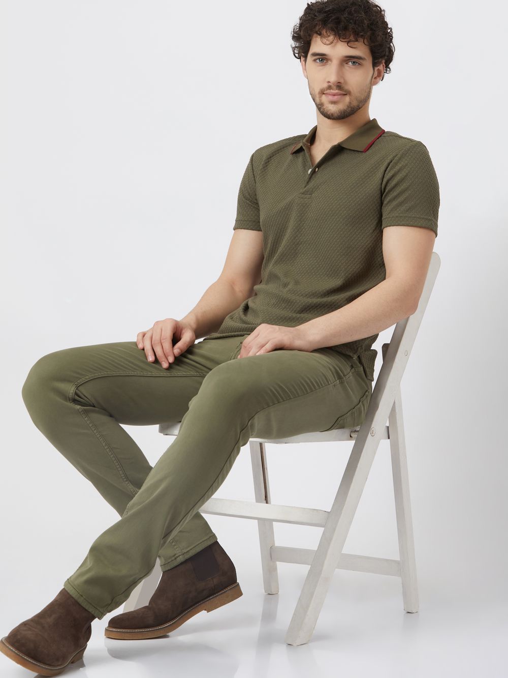 Olive Textured Plain Polo T-Shirt