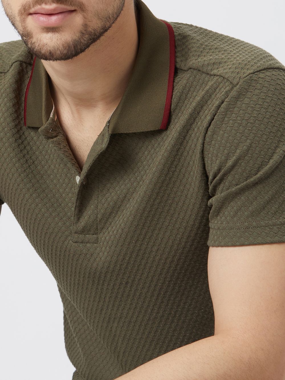 Olive Textured Plain Polo T-Shirt