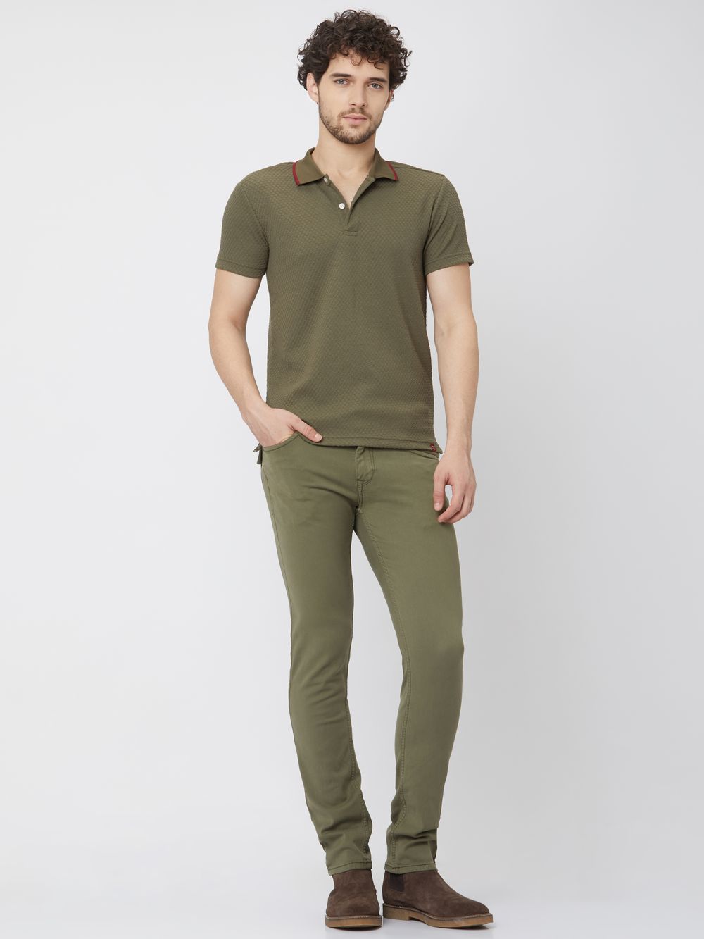 Olive Textured Plain Polo T-Shirt