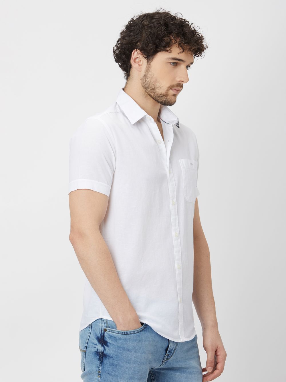 White Cotton Linen Plain Shirt