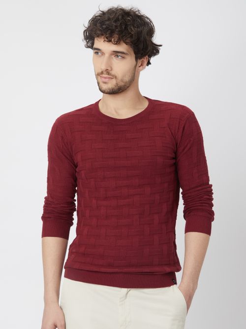 Maroon Textured Slim Fit Flatknit