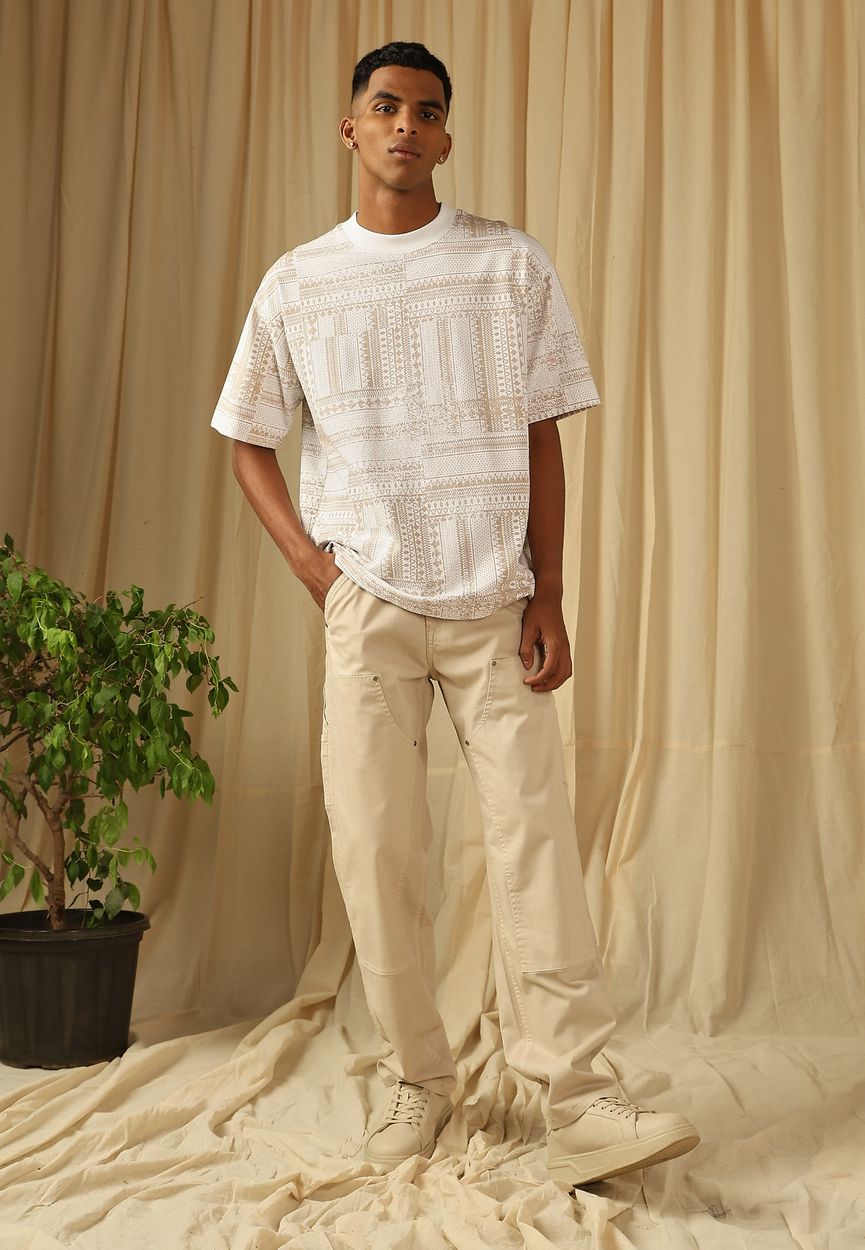 White Printed Oversized Loose Fit Jersey Tee