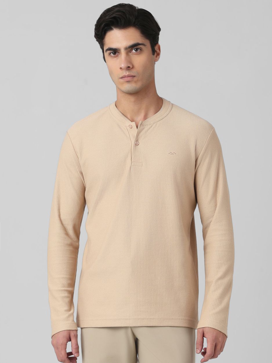 Beige Textured Plain Full Sleeve Casual T-Shirt
