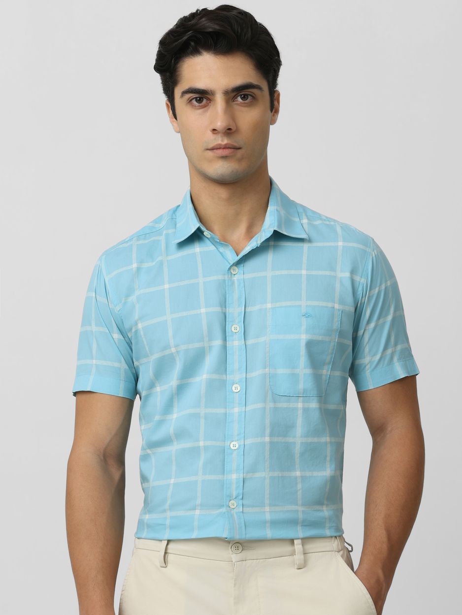 Turquoise Windowpane Check Slim Fit Casual Shirt