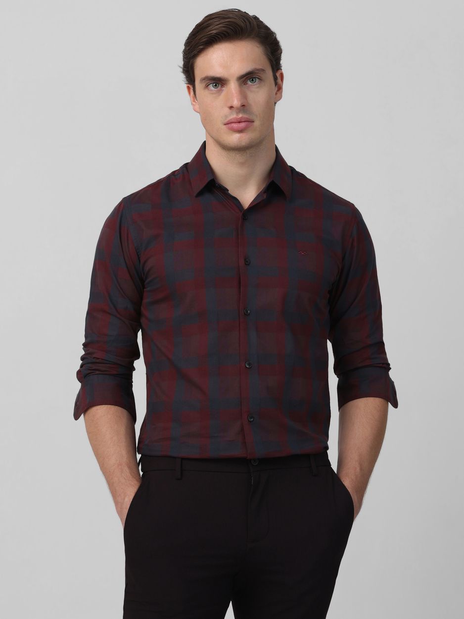 Maroon Large Check Slim Fit Casual Shirt