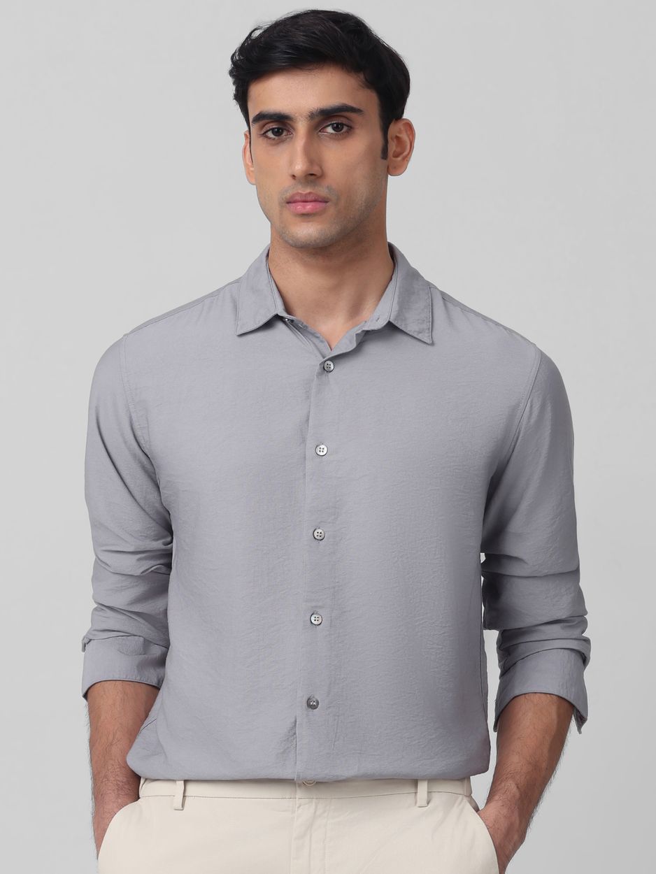 Grey Textured Plain Slim Fit Casual Shirt