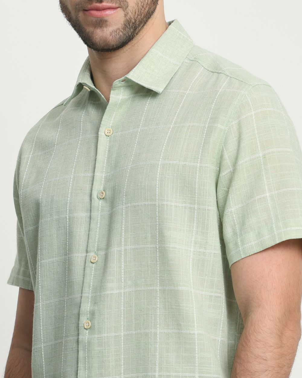 Light Green Textured Check Slim Fit Casual Shirt