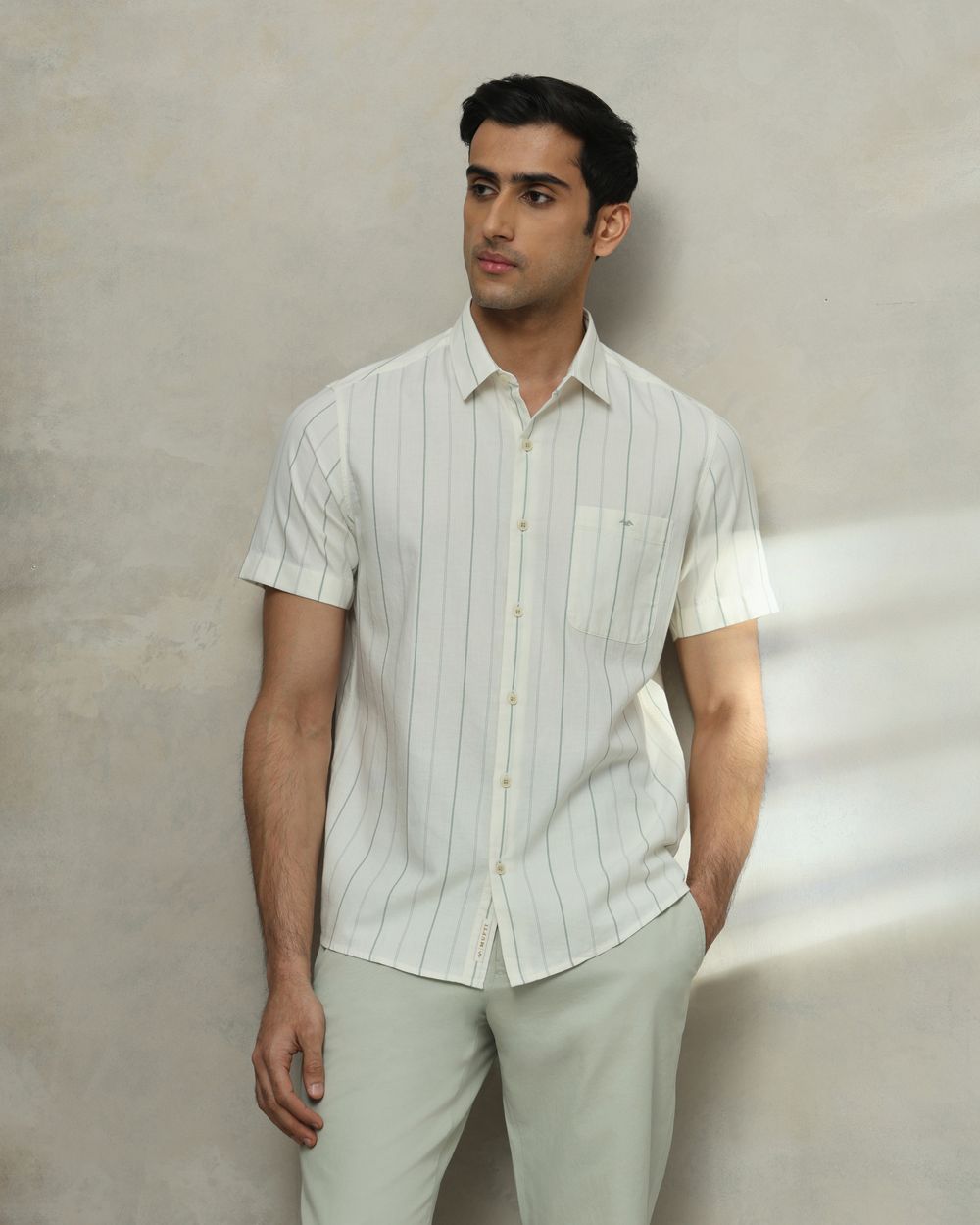 Off White Pin Stripe Slim Fit Casual Shirt