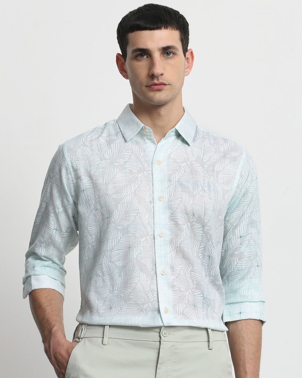 Light Green Tonal Check Slim Fit Casual Shirt