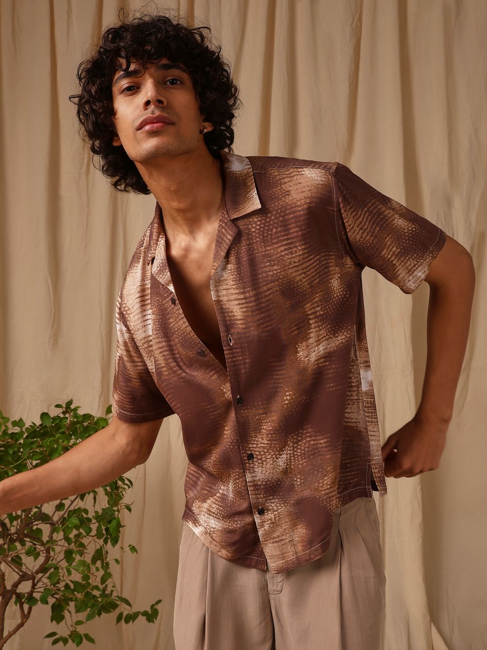 Brown Abstract Print Loose Fit Casual Shirt
