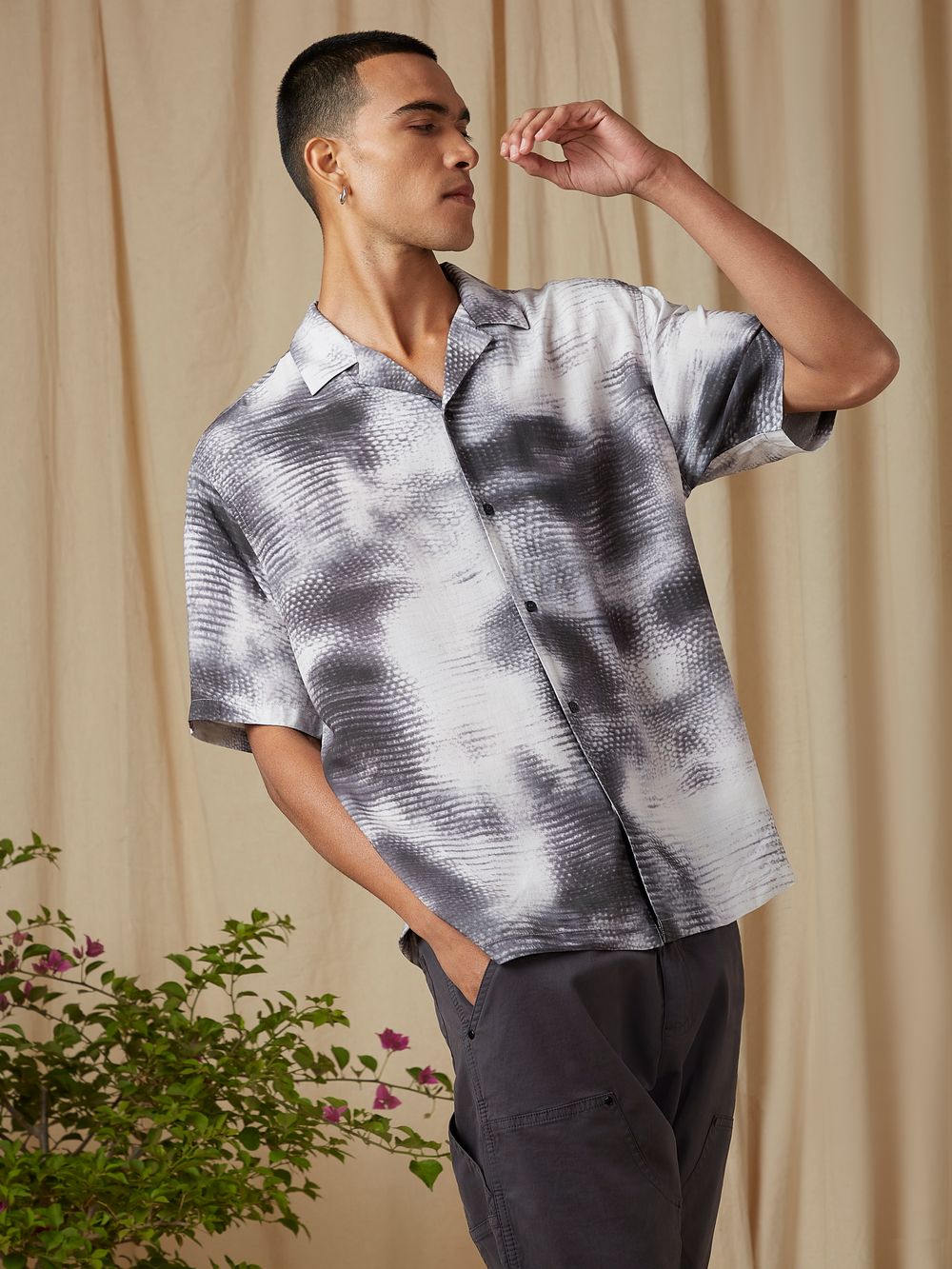 Grey Abstract Print Loose Fit Casual Shirt