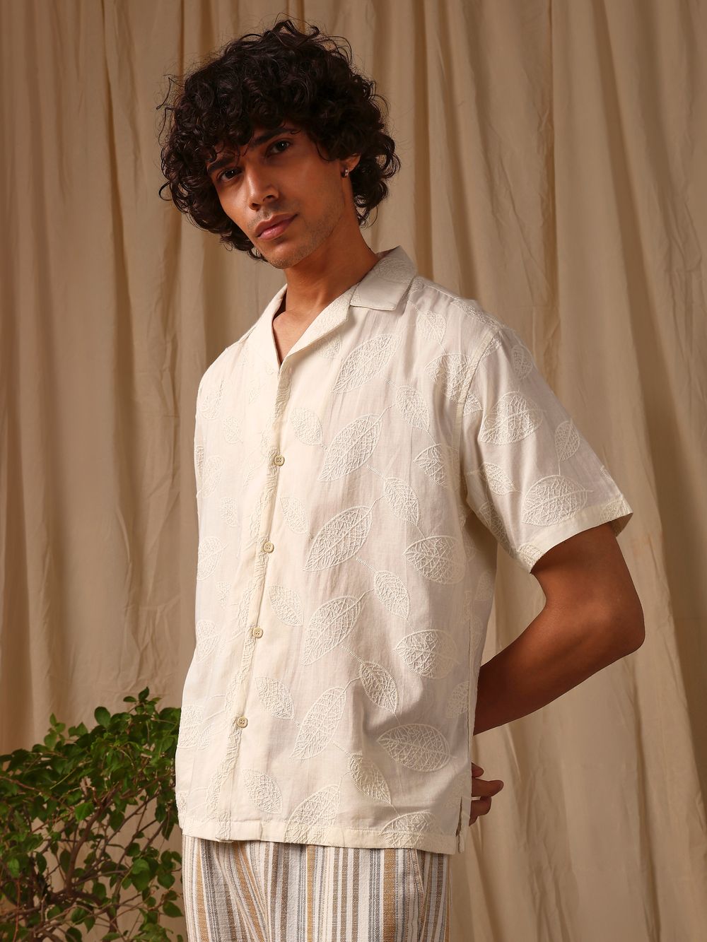 Off White Embroidered Plain Loose Fit Casual Shirt