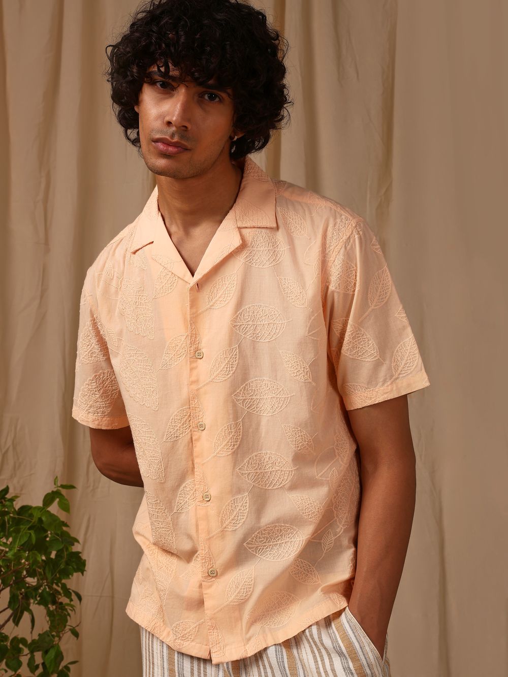 Peach Embroidered Plain Loose Fit Casual Shirt