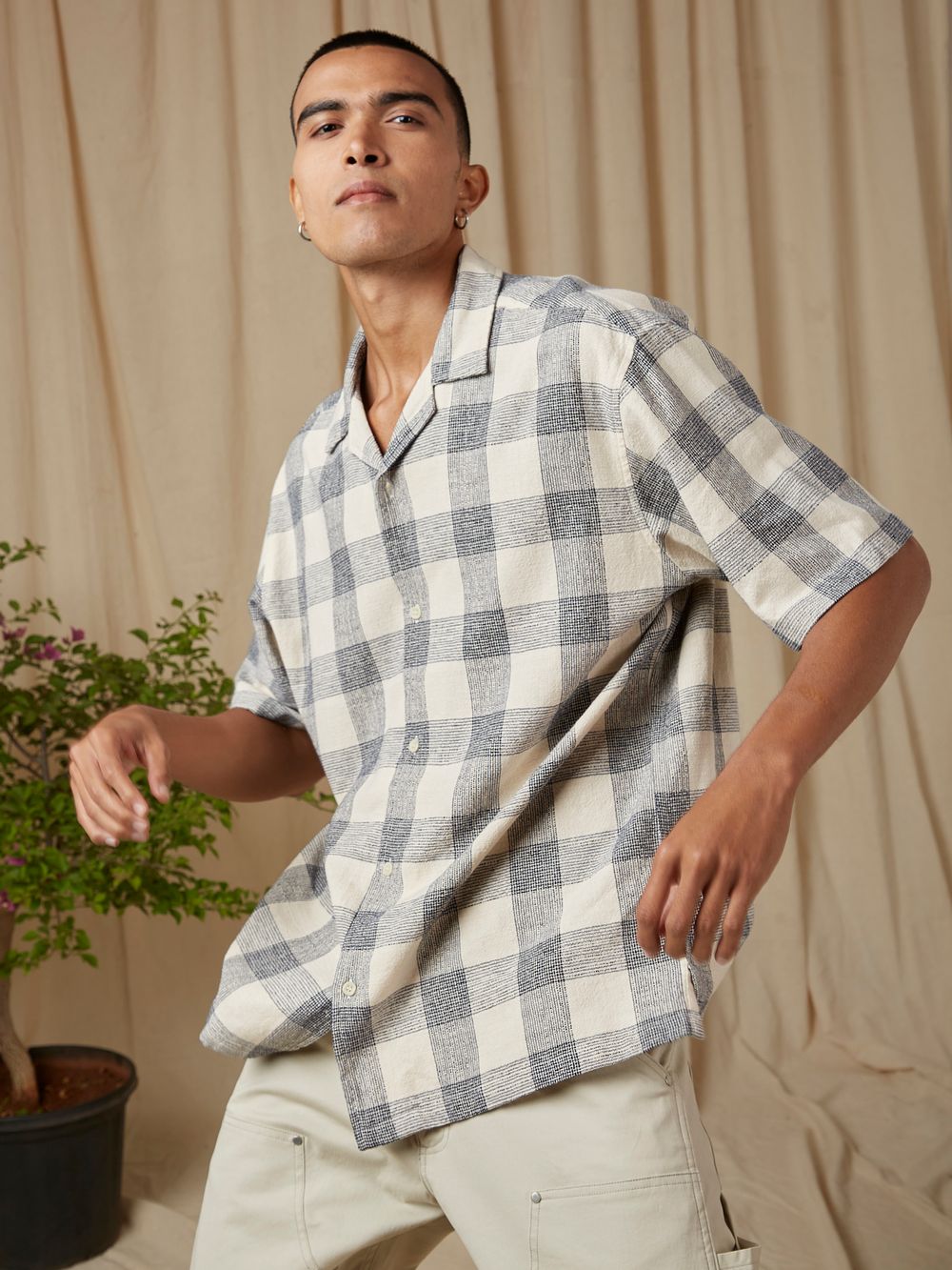 Beige Large Check Loose Fit Casual Shirt