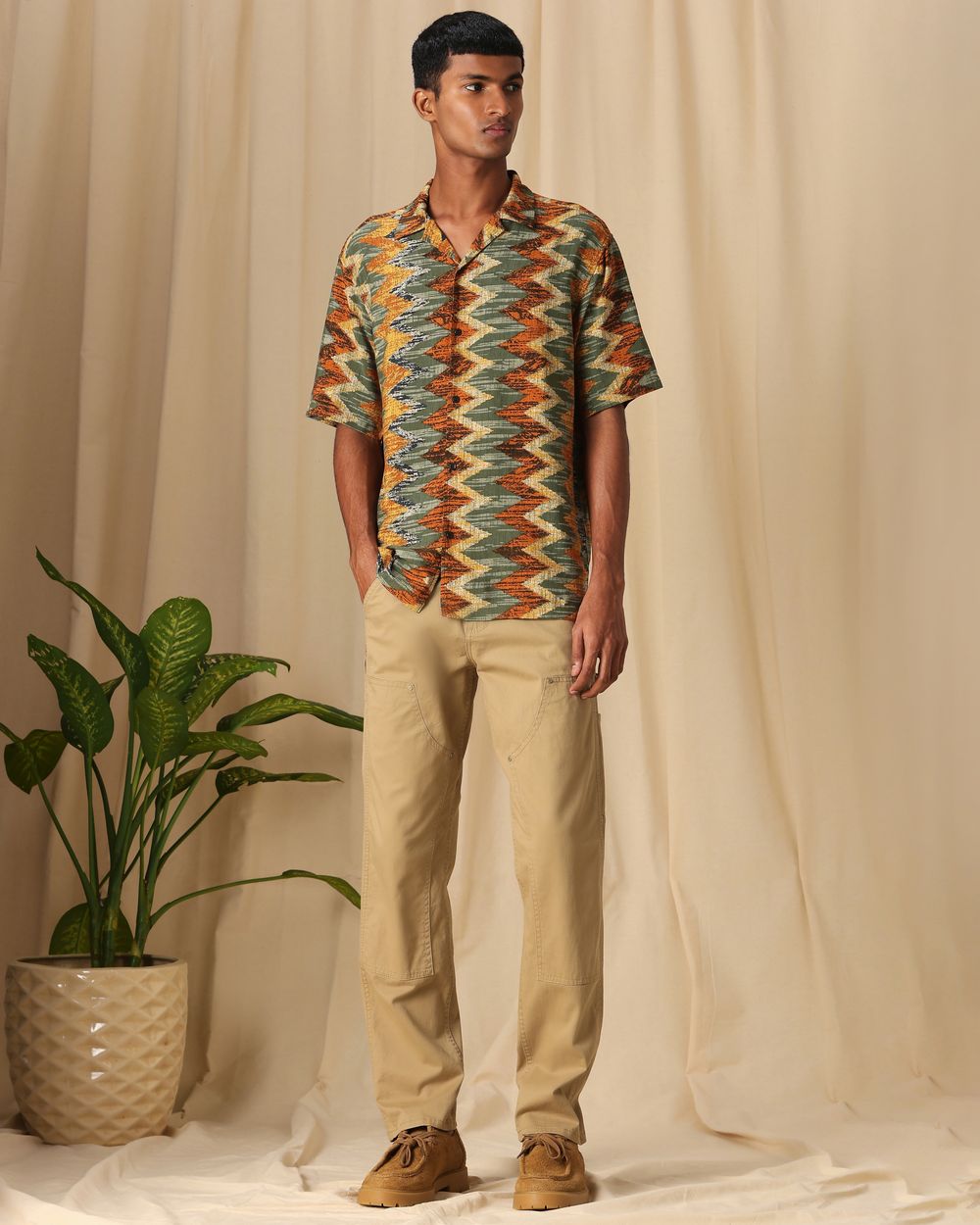 Olive Resort Print Loose Fit Casual Shirt