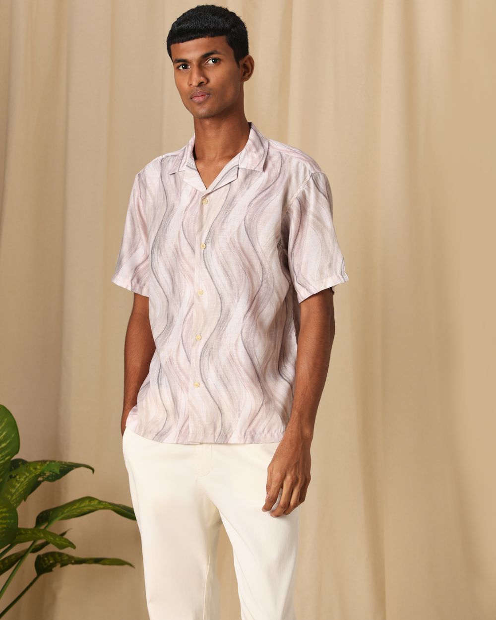 Beige Abstract Print Loose Fit Casual Shirt