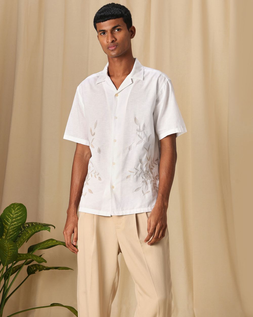 White Embroidered Plain Loose Fit Casual Shirt