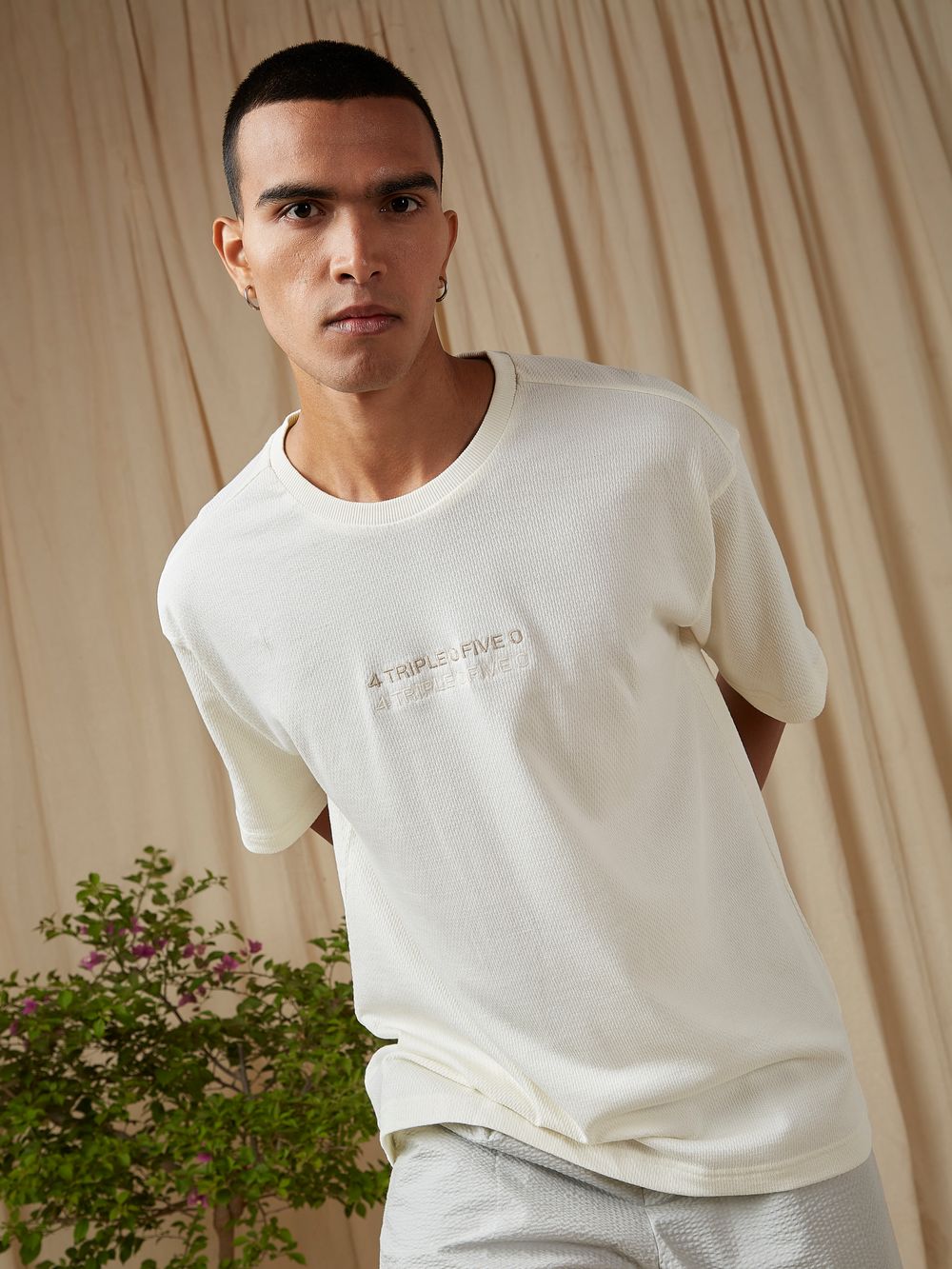 Off White Embroidered Oversized Loose Fit Tee