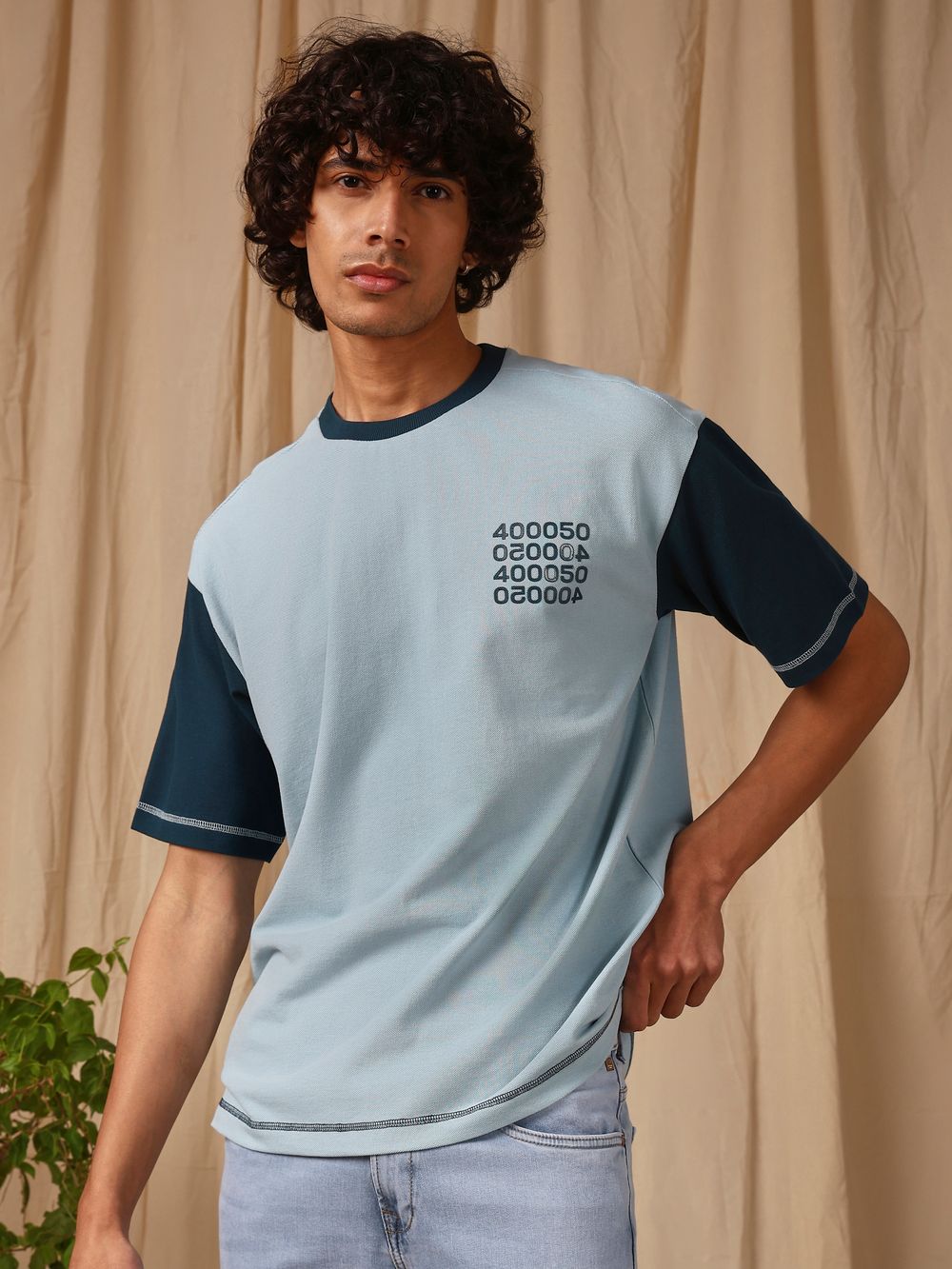 Turquoise Colour Blocked Oversized Loose Fit Tee