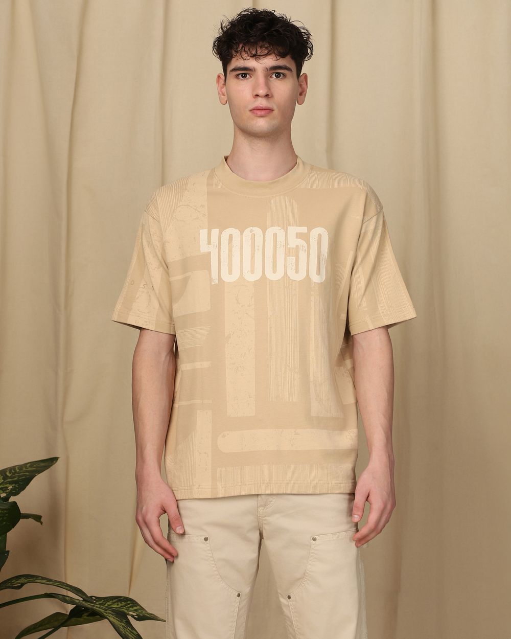 Beige Printed Oversized Tee