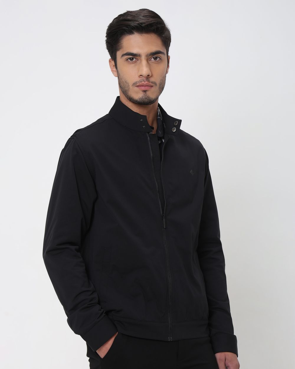 Black Band Collar Zip Thru Jacket