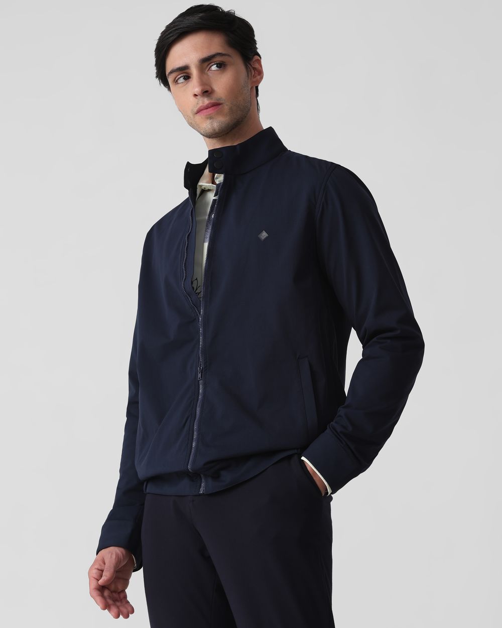 Navy Band Collar Zip Thru Slim Fit Jacket